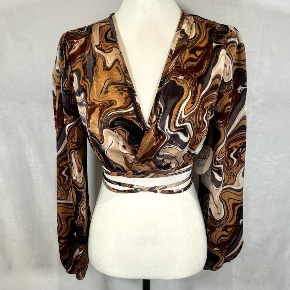 Rabbit Rose long sleeve wrap tie abstract earth tones satin crop top medium NWT